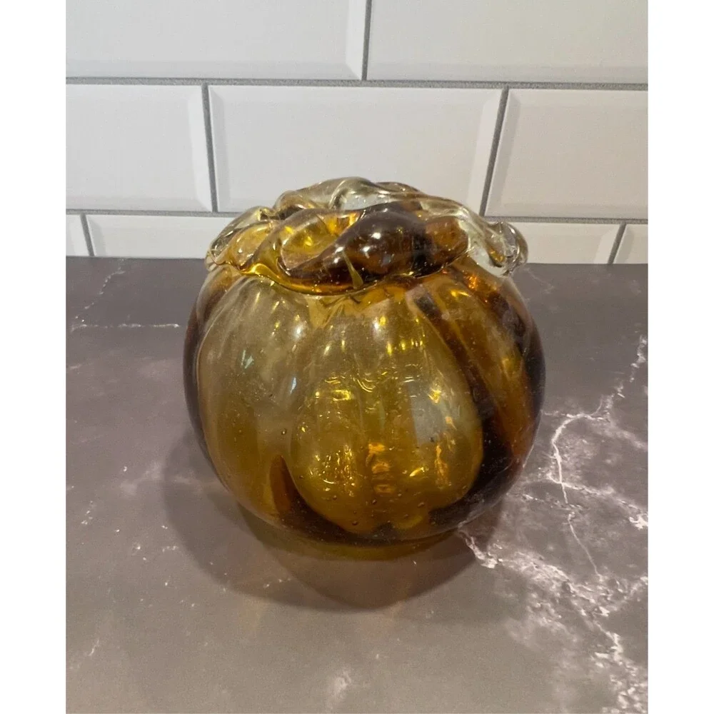 Vintage Hand Blown Amber Art Glass Pumpkin Fall Harvest Decor